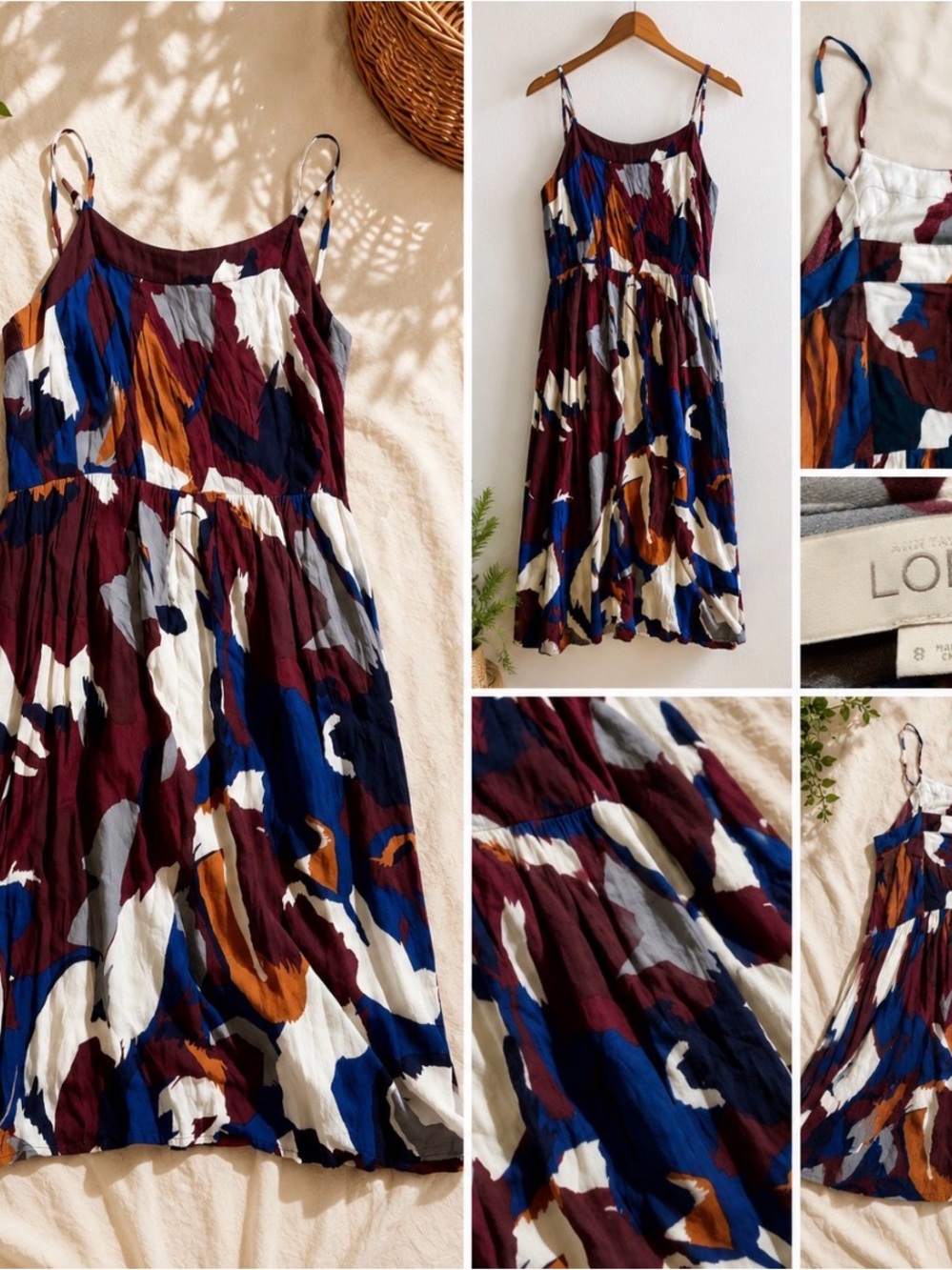 LOFT Spaghetti-Strap Midi Dress in Burgundy, Blue & Cream Abstract Print